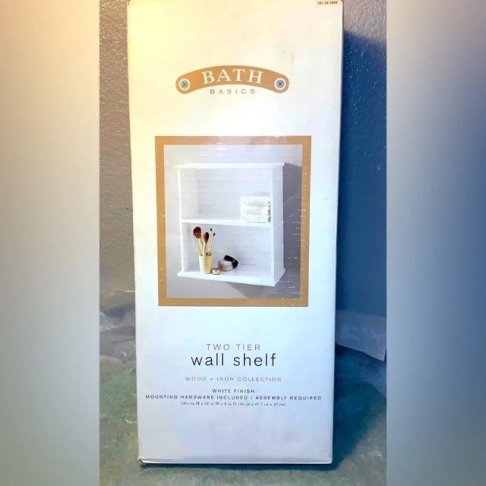 NIB Bath Basics Two Tier Wall Shelf Wood + Iron Collection WHITE FINISH