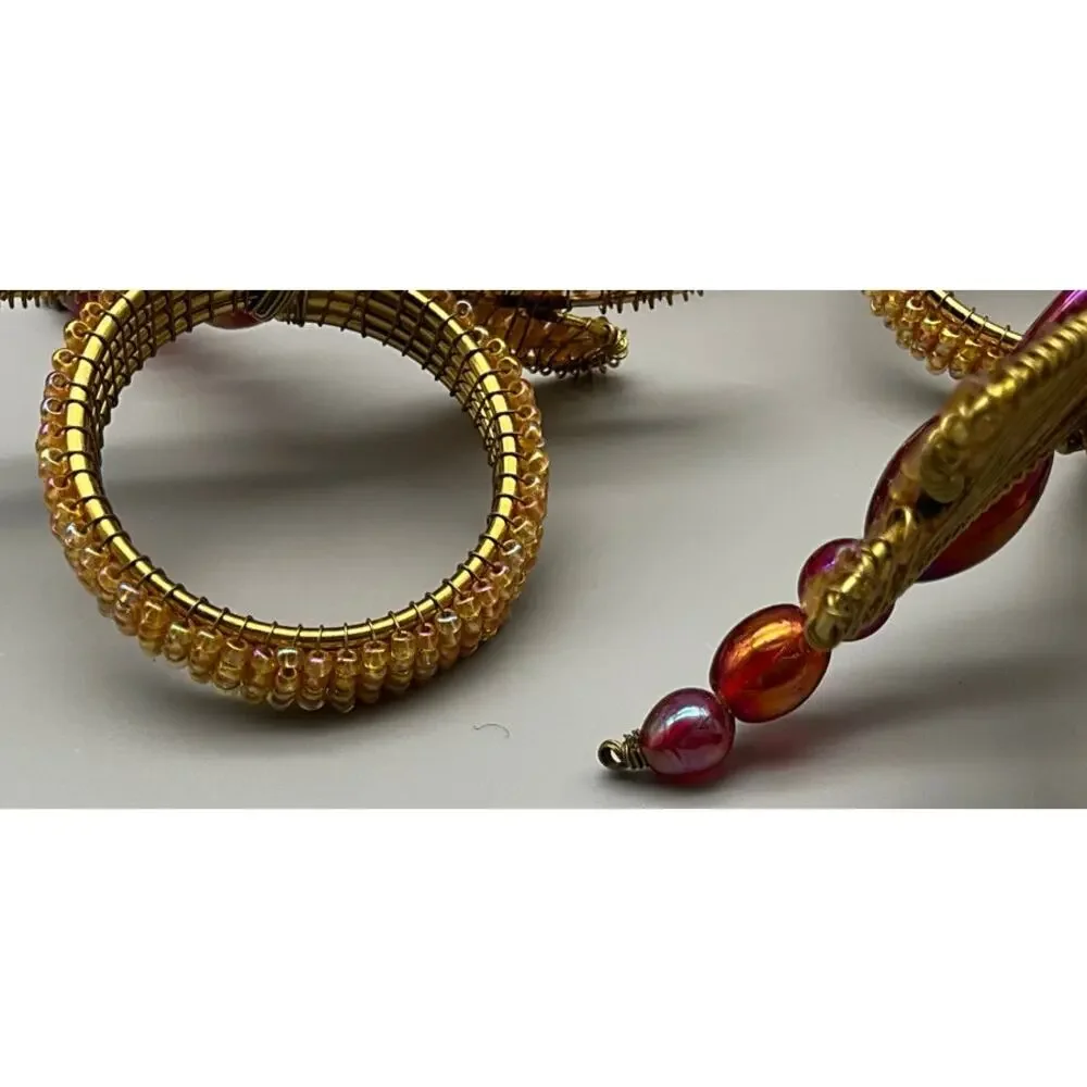 Vintage 4 Pier 1 Imports Beaded Dragon Fly Napkin Rings Burgundy Gold