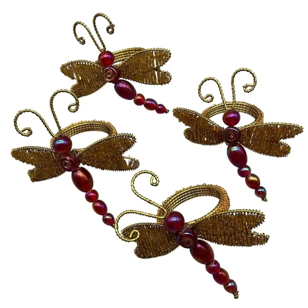 Vintage 4 Pier 1 Imports Beaded Dragon Fly Napkin Rings Burgundy Gold