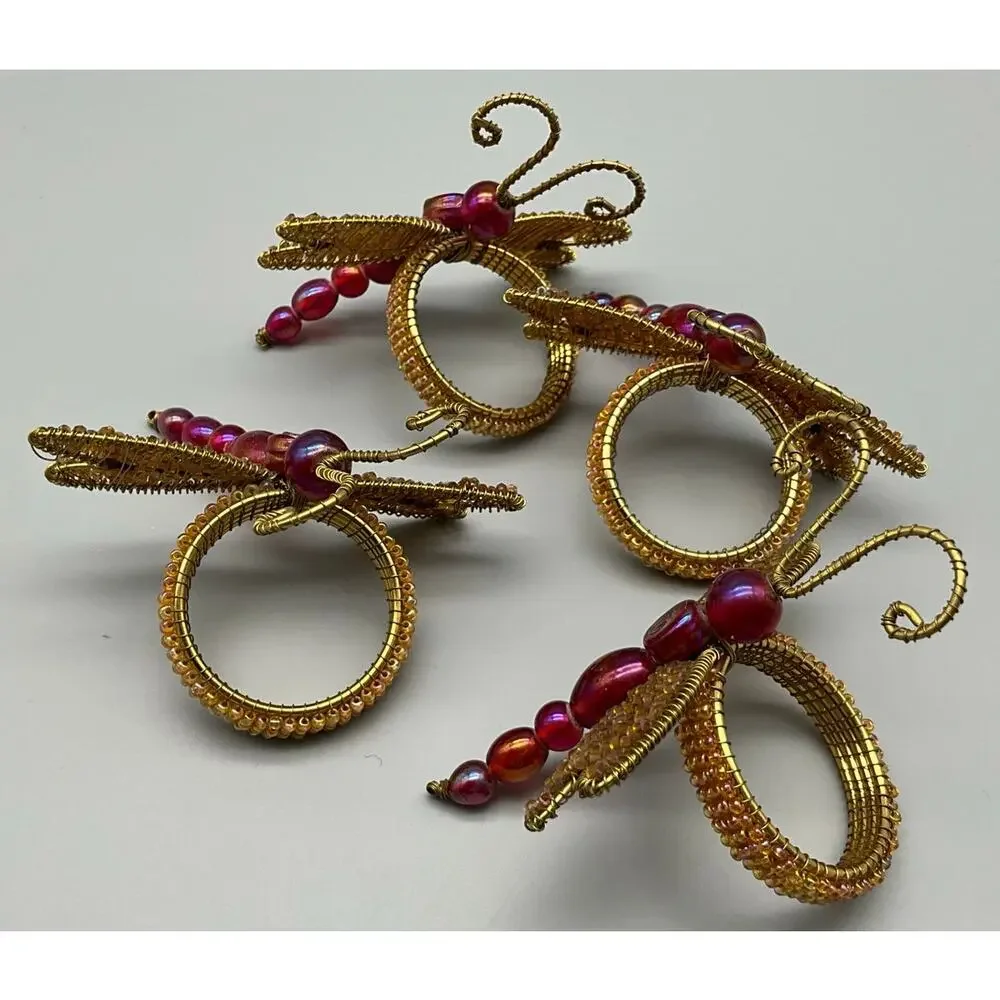 Vintage 4 Pier 1 Imports Beaded Dragon Fly Napkin Rings Burgundy Gold