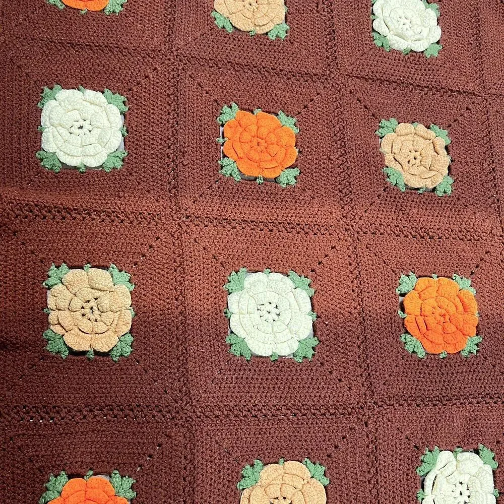 VTG Afghan Blanket 3D Flower Crochet Granny Square Handmade Throw Brown 60”x50”