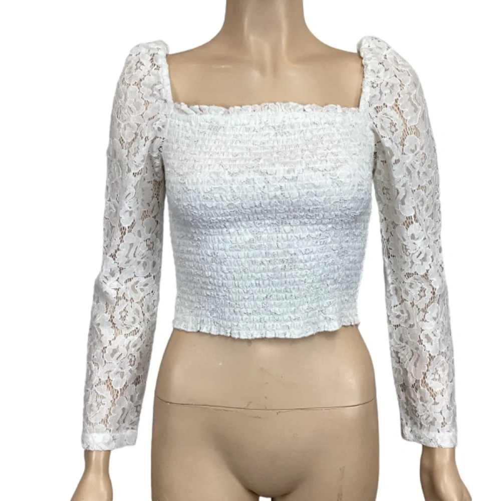 River Island Shirred crop top with lace‎ smocked bodice size 8