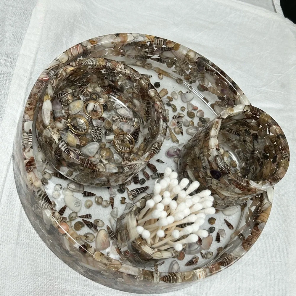 Shell and resin contemporary functional art pieces for the vanity or office