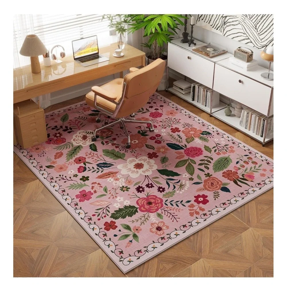 Rugcomf Area Rug Carpet Washable Non Slip Low Pile Boho Floral Pink 3x5 NEW