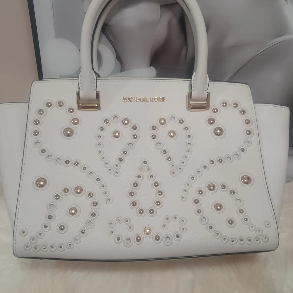 Like New Michael Kors White Geometric Studded Satchel