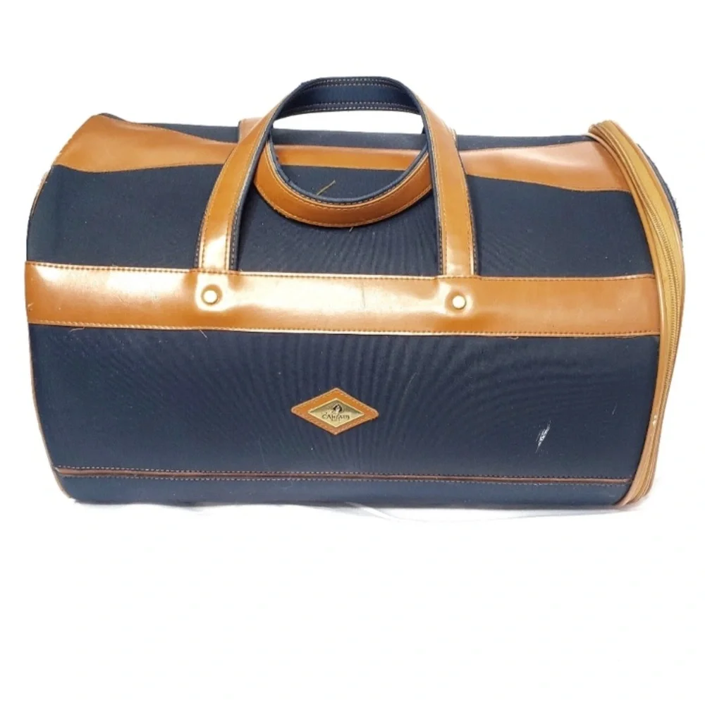Vintage Carlaid Paris Handcrafted Navy Canvas & Leather Small Pet Carrier