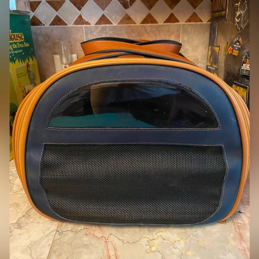 Vintage Carlaid Paris Handcrafted Navy Canvas & Leather Small Pet Carrier