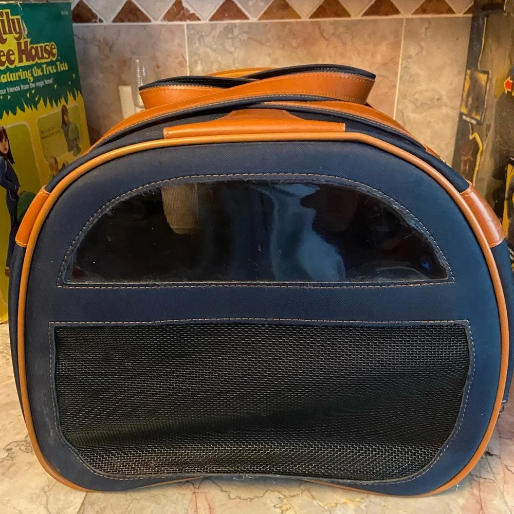 Vintage Carlaid Paris Handcrafted Navy Canvas & Leather Small Pet Carrier