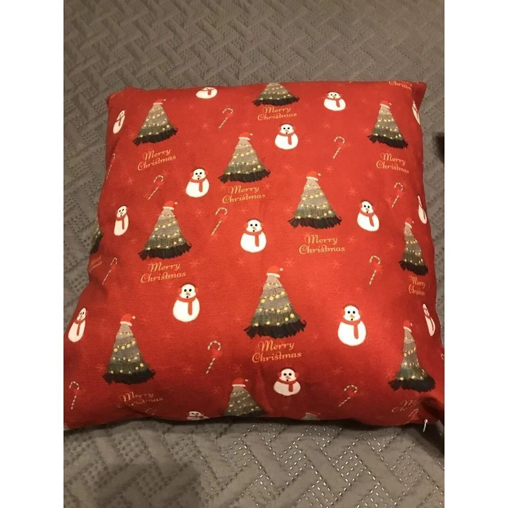 2 Snowman Pillows Winter Scene Merry Christmas 18x18” Stuffed & Zippered Soft
