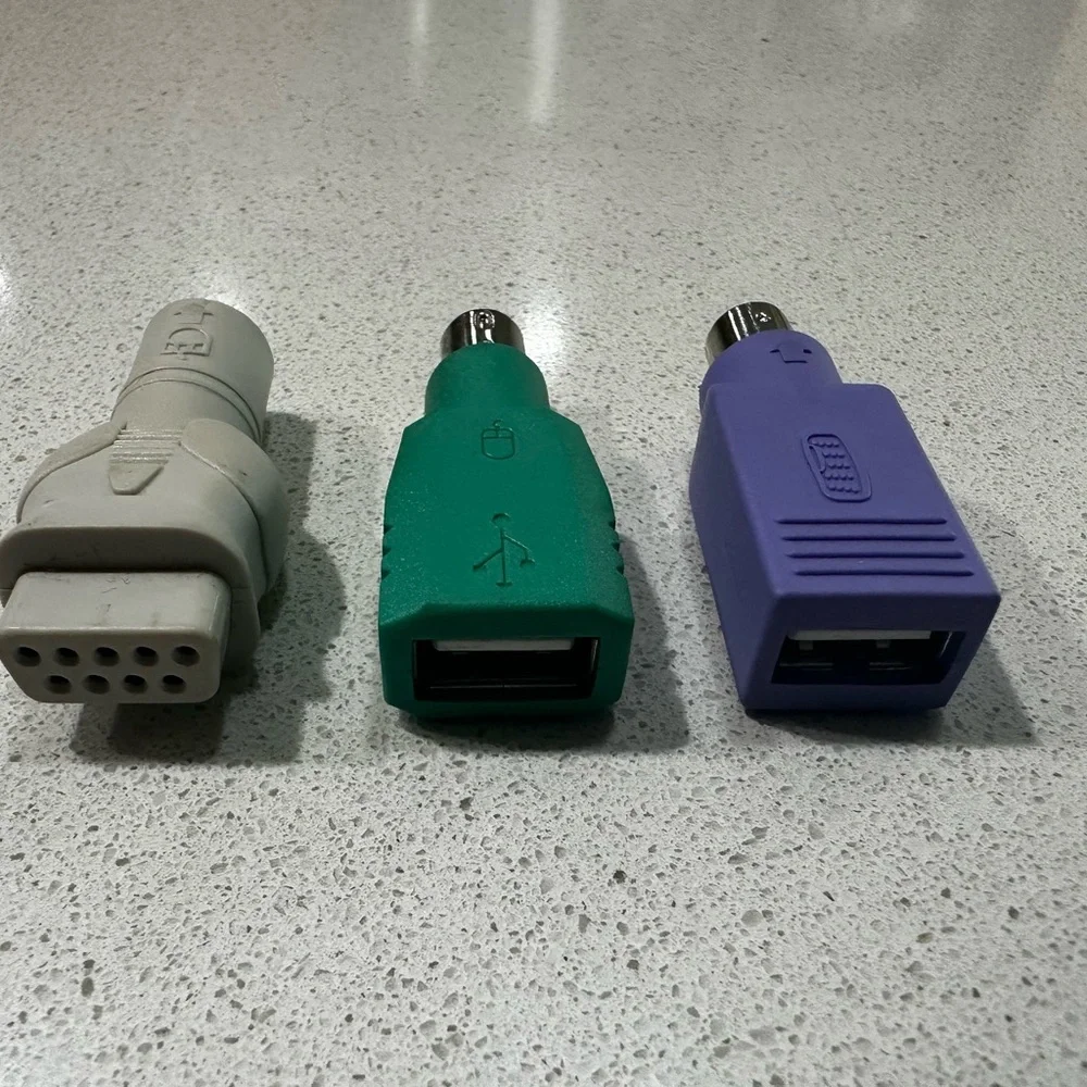 Set of Three Computer Adapters - Gray, Green, Purple. PS/2 keyboard to USB.