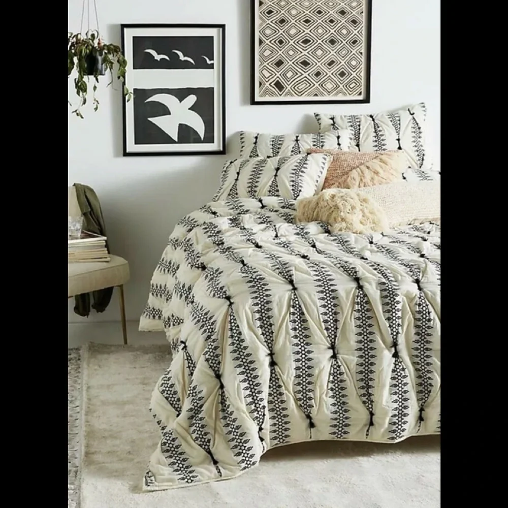 Anthropologie Embroidered Lilou Euro Shams (2) Cream and Black Design​​​​​​​​​