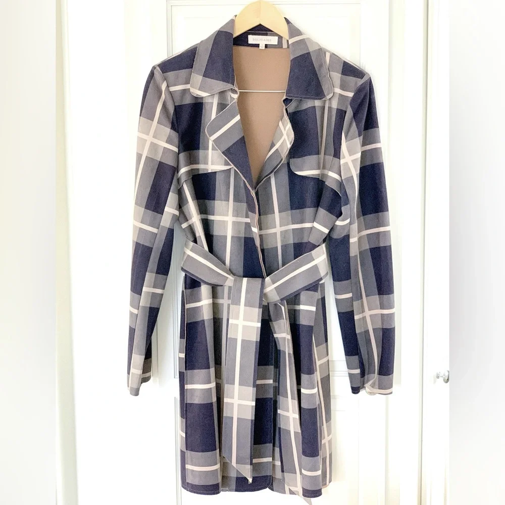 🧥SOLITAIRE Plaid Faux Suede Trench Coat