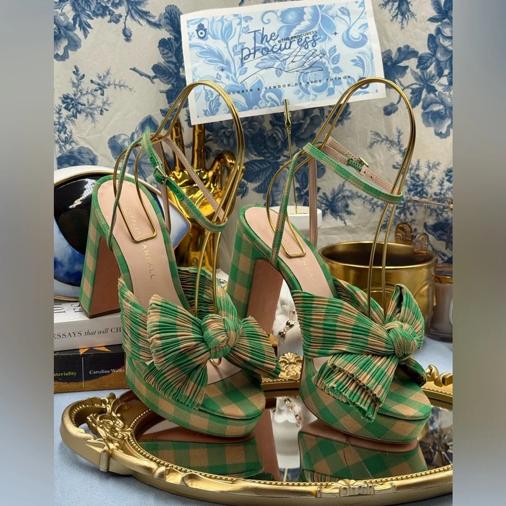 🆕 LOEFFLER RANDALL 🧿 NWOB Natalia Pleated Bow Platform Sandal, Plaid Green Sz7