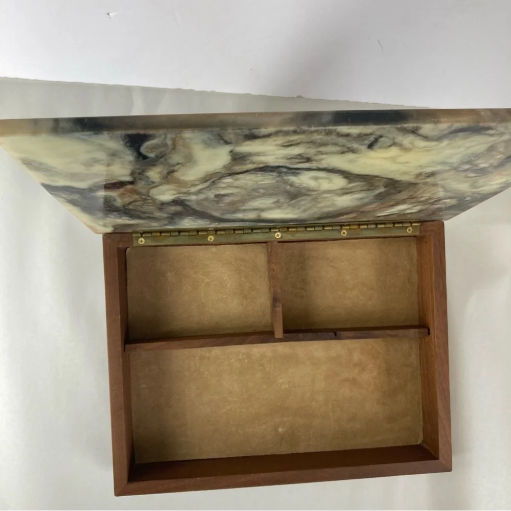 Incolay Stone Jewelry Box Vintage Dante Carved USA Made Horses American Walnut
