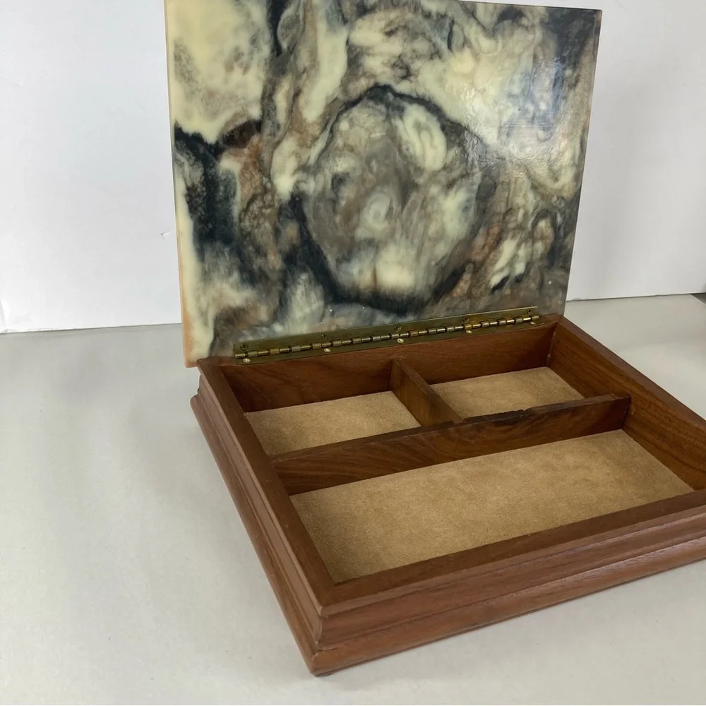 Incolay Stone Jewelry Box Vintage Dante Carved USA Made Horses American Walnut