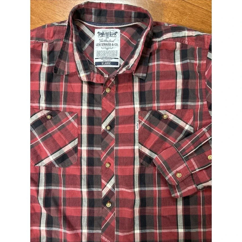 Levi's Plaid Button Down Shirt Men's Side XL Red Long Sleeve