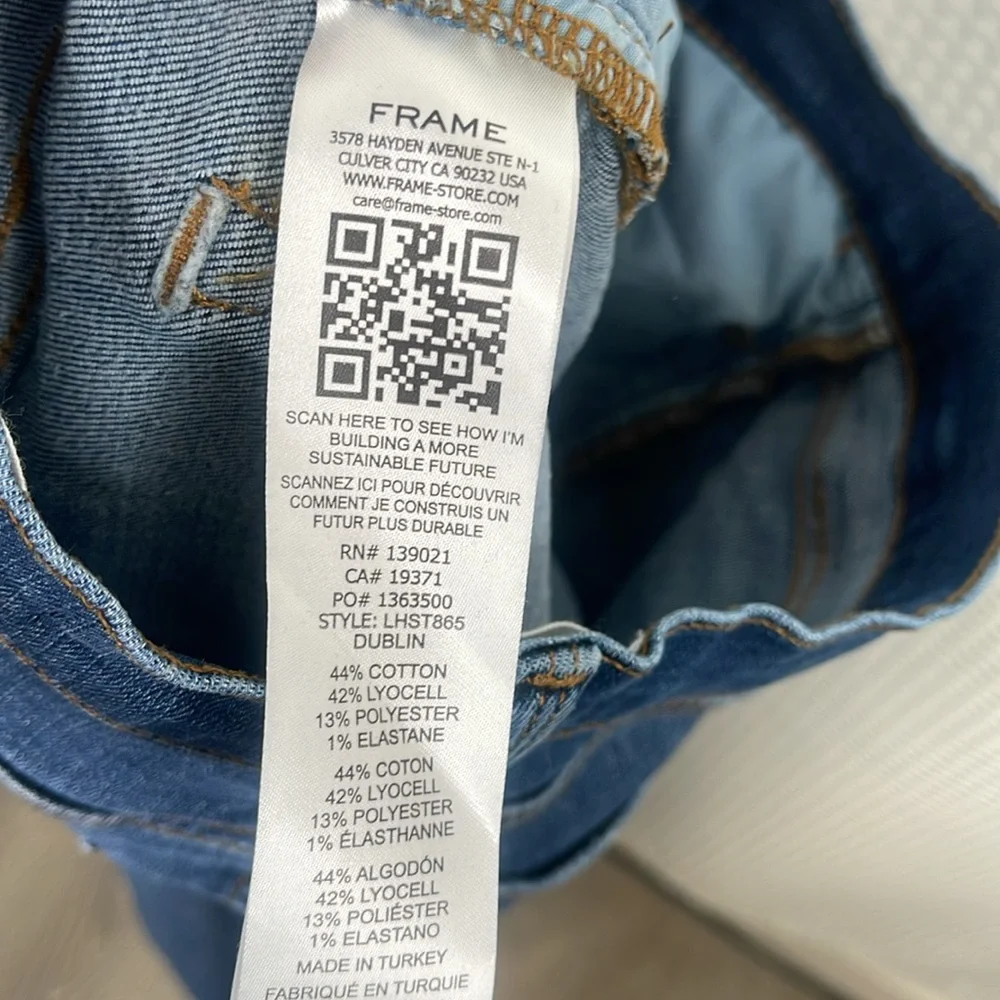 Frame Le High Straight Jeans Dublin Wash Raw Step Hem 5 Pocket Sz 26