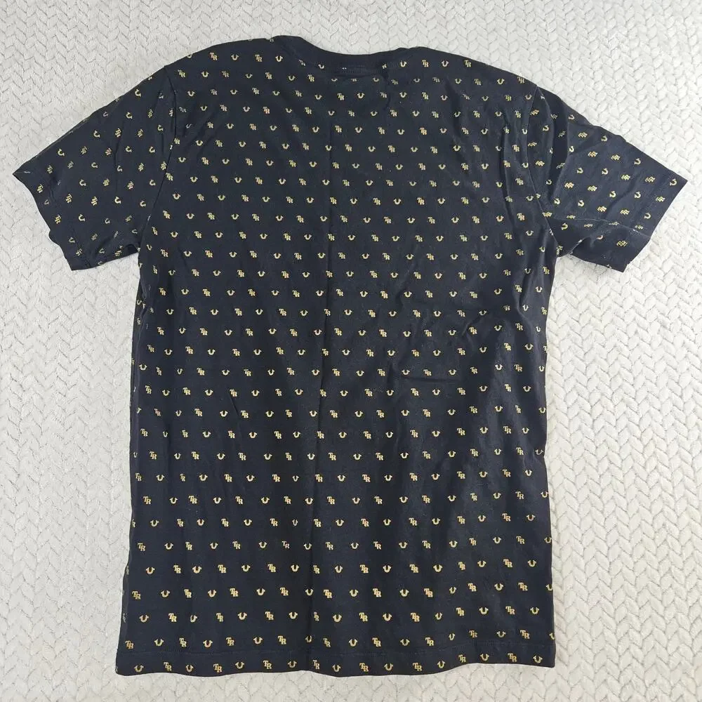 True Religion Men's All Over Monogram Tee T-Shirt Black and Gold Size Medium