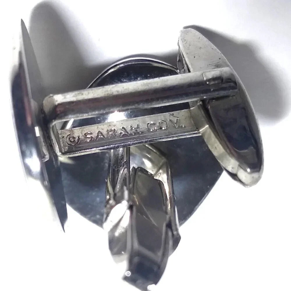 Vintage Sarah Coventry Mid Century Modern 1960s Cuff Links Silver Tone Blk Trim