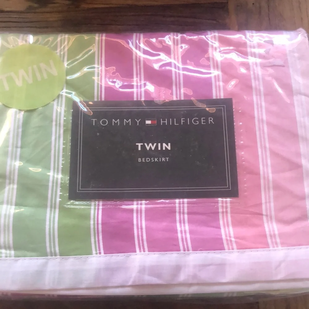 Tommy Hilfiger Pink and Green Striped Bedskirt