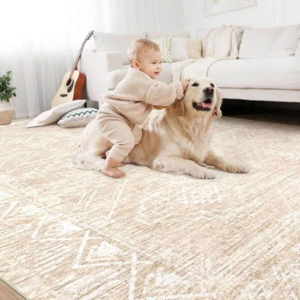 New 4x6 Beige Moroccan Area Rug, Washable Non-Slip Carpet for Entry & Room Decor
