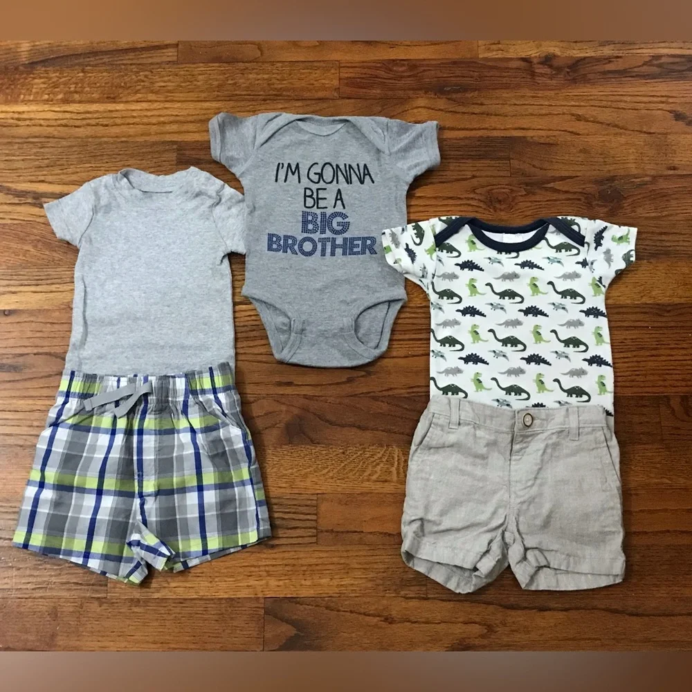 Baby Boy Onesies, Plaid Shorts & Beige Shorts Dinosaur I’m gonna be Big Brother