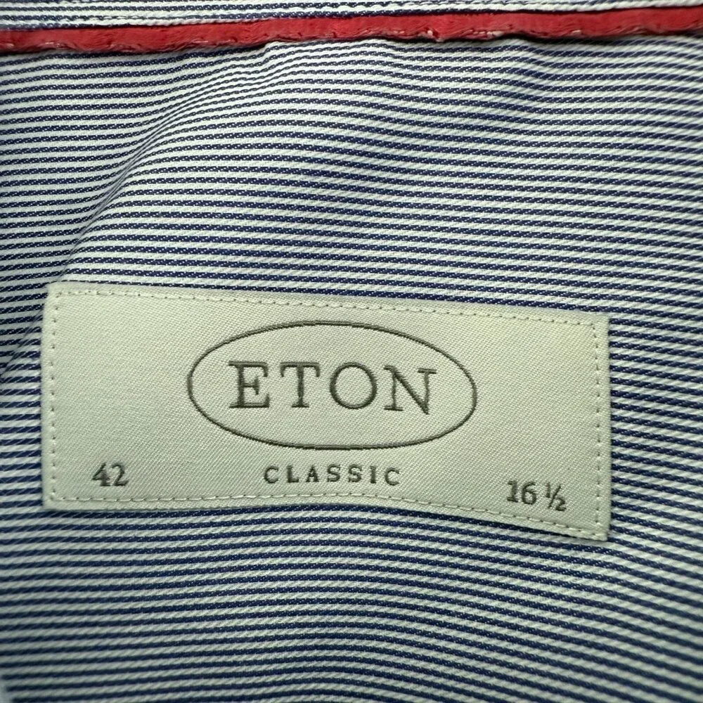 Eton Shirt Men 42 16.5 Blue Stripe Classic Fit Pocket Button Up