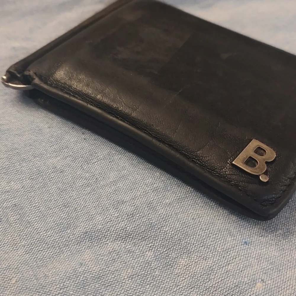 Balenciaga Bi-fold Leather Card Holder W/ Money Clip -Black- Used-See Photos