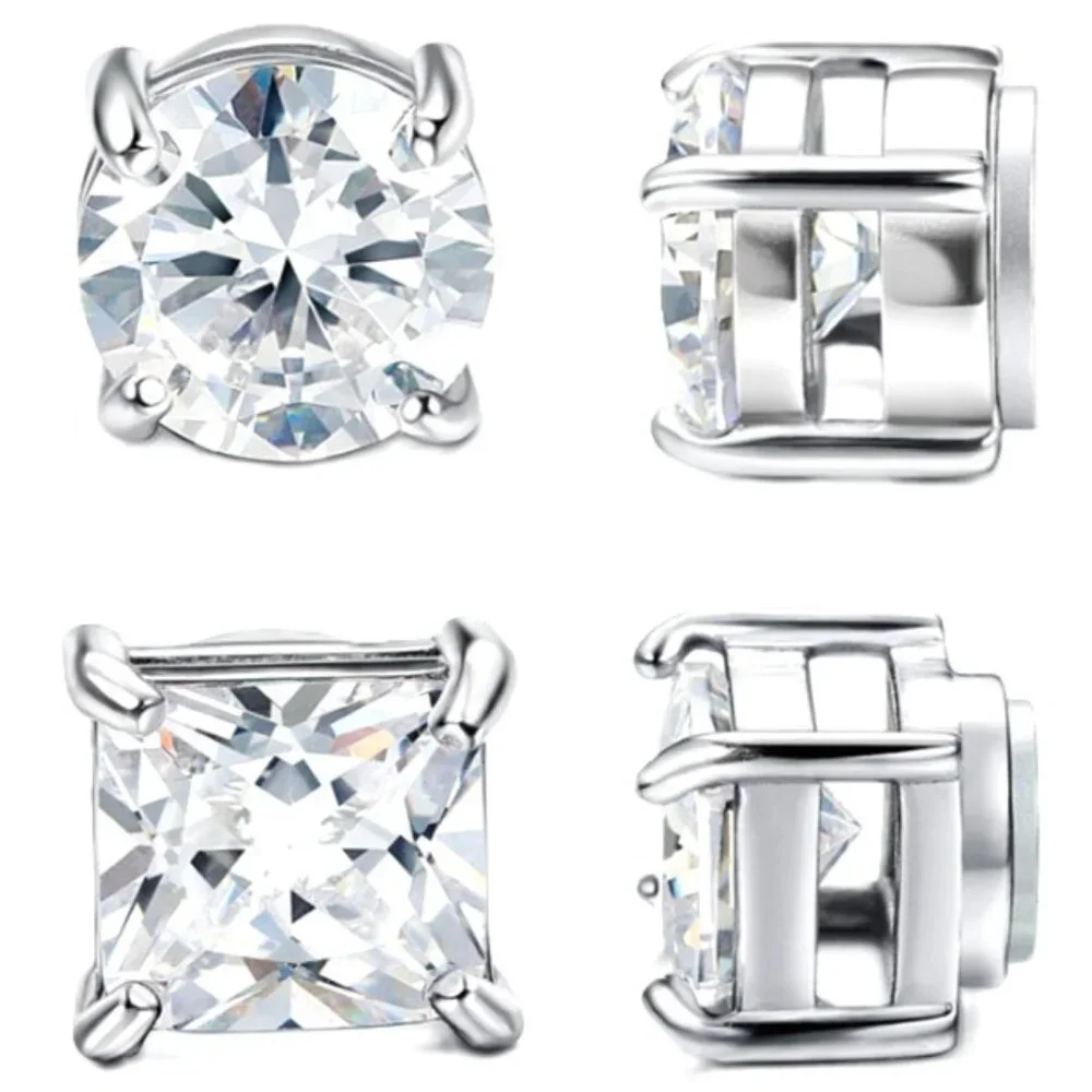 2 Pair 6MM - 4 Prong Stainless Steel & CZ Magnetic Non-Piercing Stud Earrings