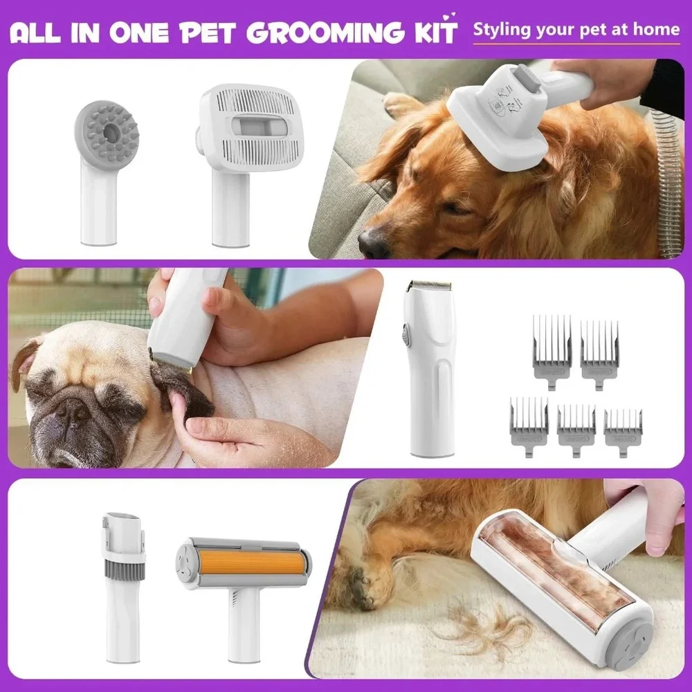 Pet Grooming Kit & Vacuum 99% Pet Hair Suction, 8 Pet Grooming Tools, 6 Nozzles,
