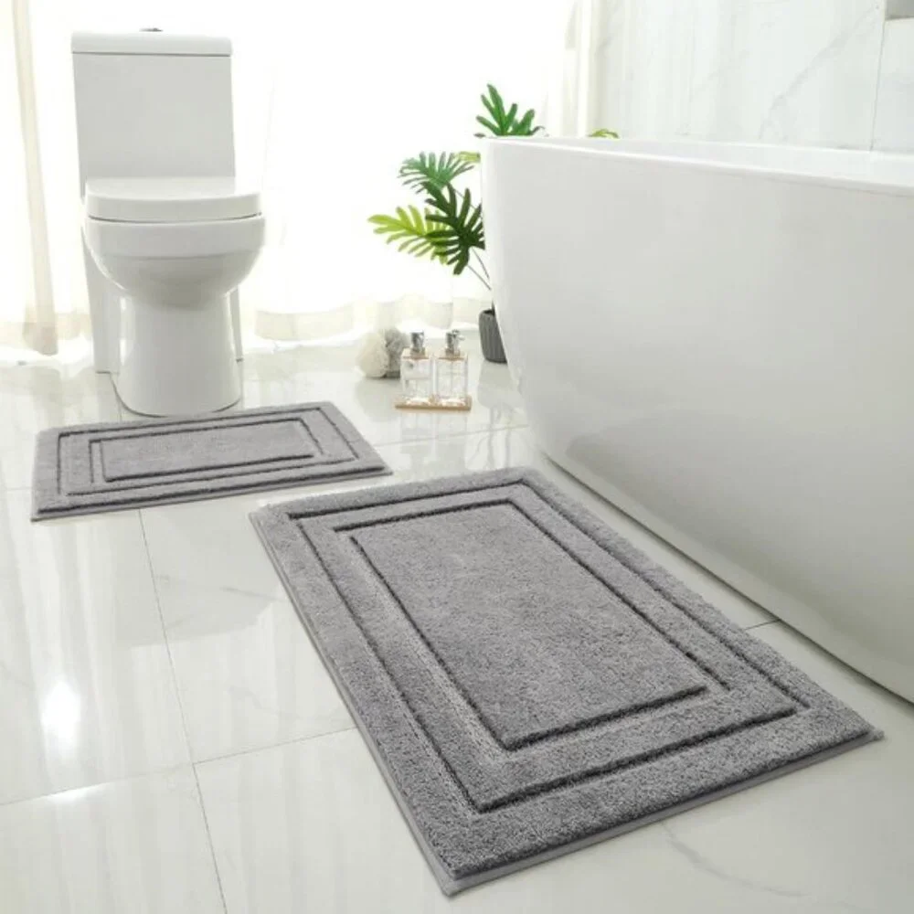 New 2-Piece Bathroom Rug Set, Soft Non-Slip Washable Microfiber Mats in Grey