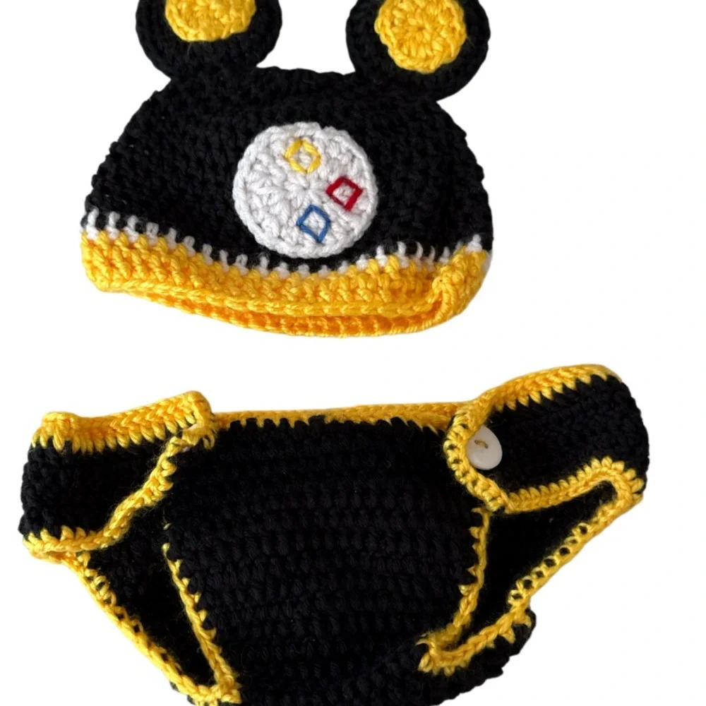 Handmade Black and Yellow Crochet Baby Steelers football inspired set photo pro