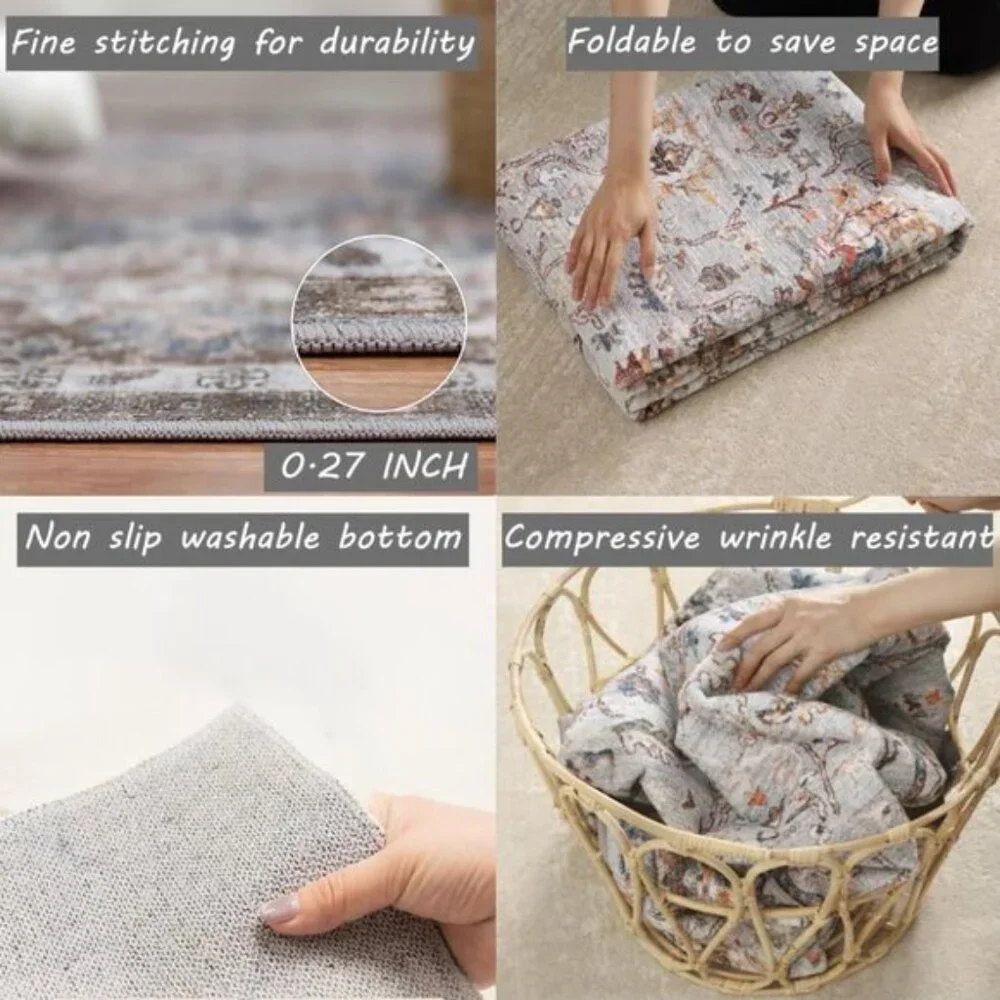 New 6x9 Washable Area Rug, Gray Vintage Non-Slip Thin Carpet for Living Room