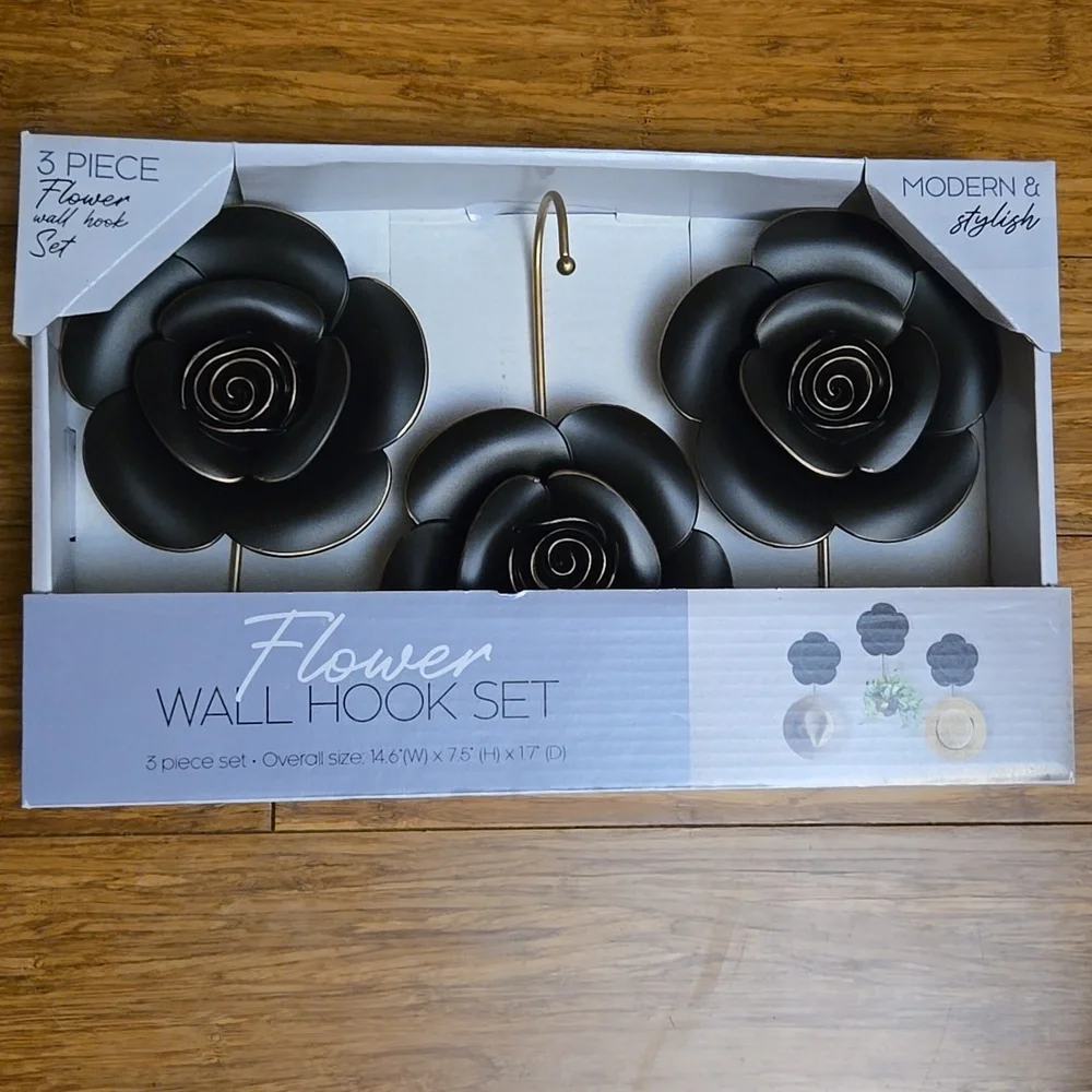 3 Black Rose Wall Hooks In Gold Accent