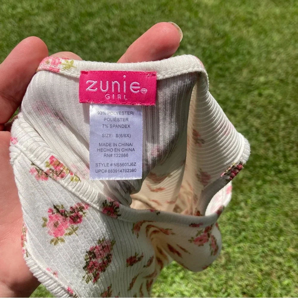 Zunie Girl cream with flowers ribbed tank dress girls size small 6/6x GUC