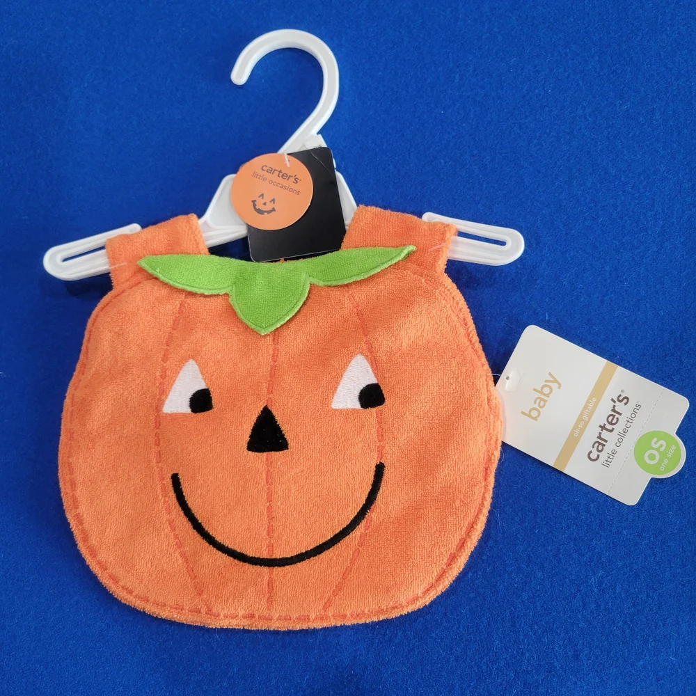 NWT Carter's Orange Pumpkin Baby Bib with Green Leaf / Fall / Halloween