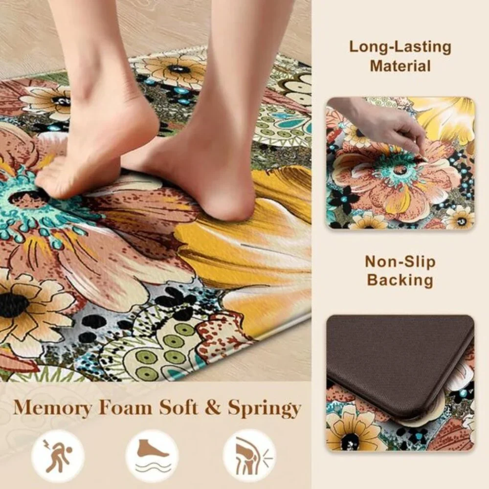 New Set of 2 Boho Floral Kitchen Mat, Cushioned, Non-Slip, Waterproof Foam
