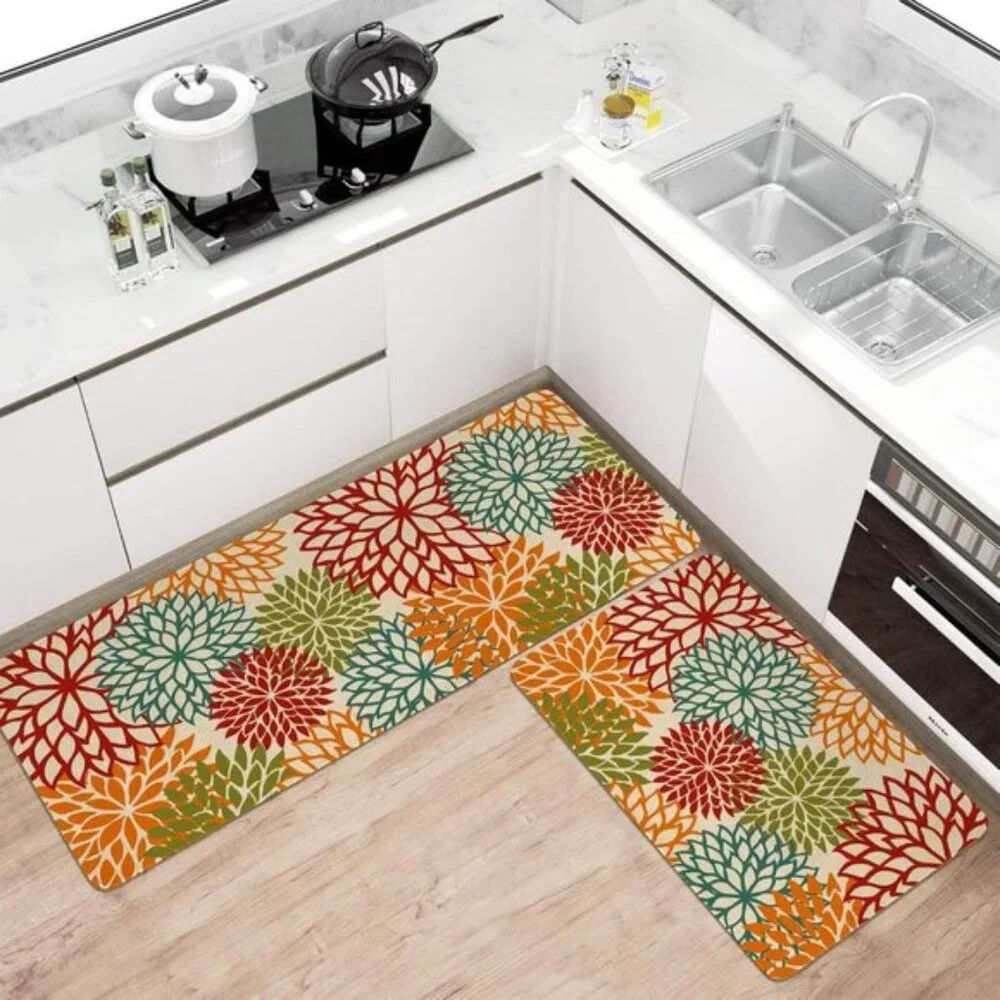 New Set of 2 Tropics Botanical Floral Kitchen Runner Rugs with Rubber Backing