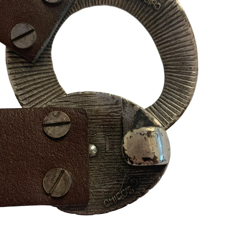 Chicos Brown Leather Adjustable Belt with Hammered Metal Hardware Size S…