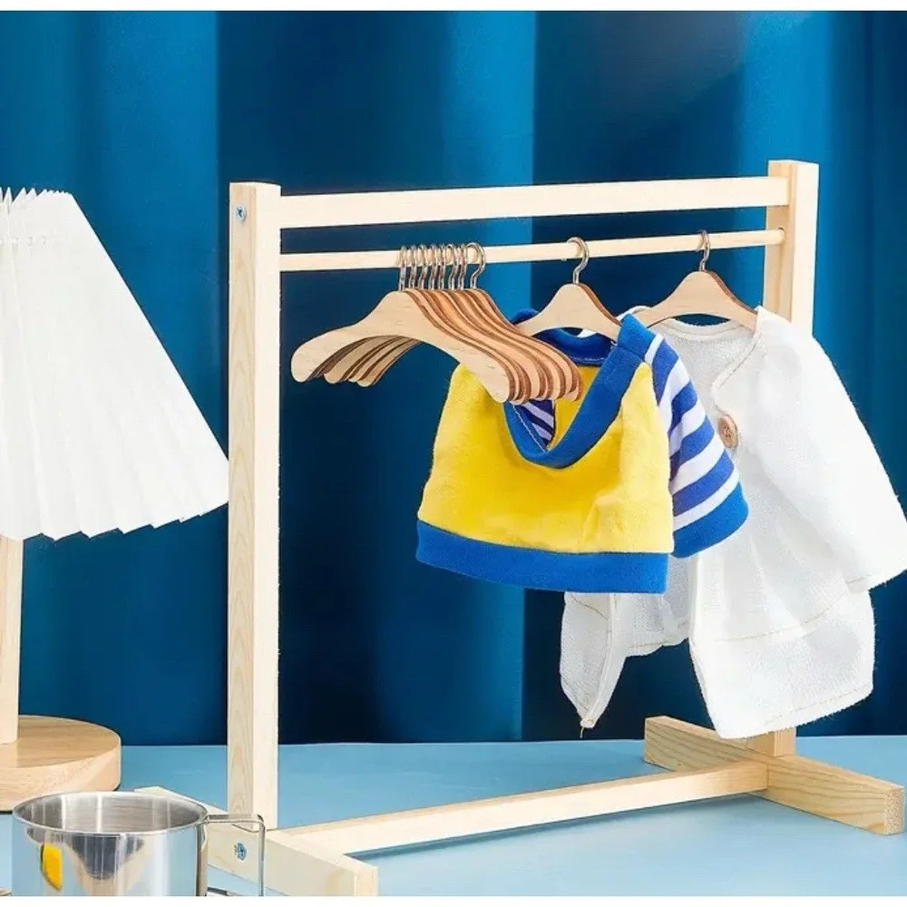 Birch Tone Wooden Rack For Labubu Clothes / Clothing & 10 Hangers: Easy Assembly