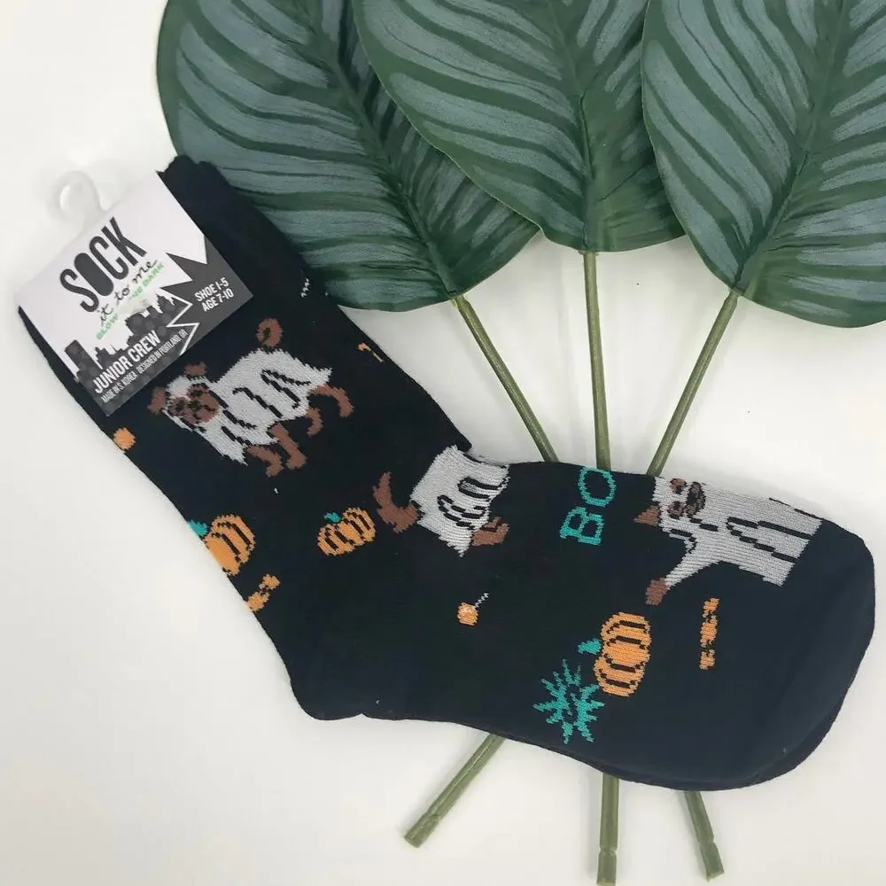 Sock It To Me Glow In The Dark Black Dog Ghost Costume Halloween Kids Crew Socks