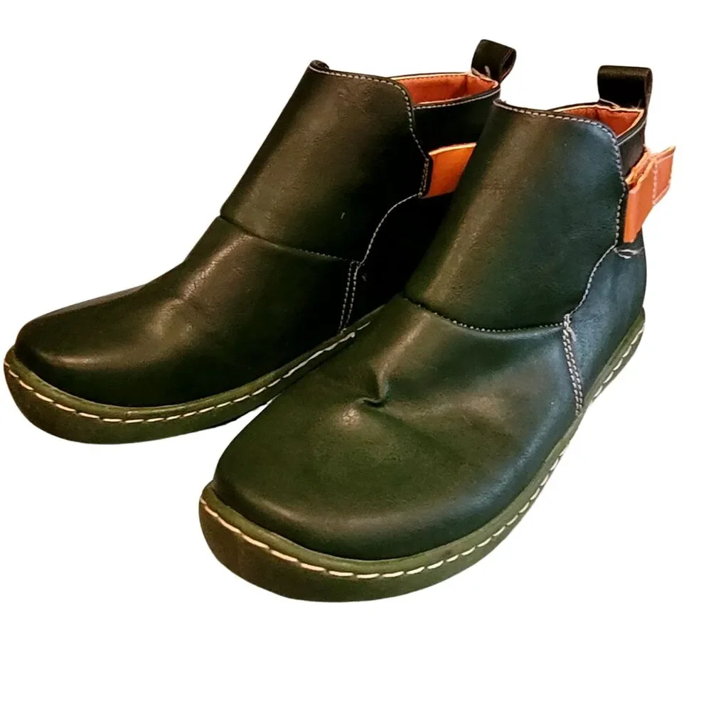 Faux Leather Emerald Green and Tan Booties Ankle Boot Rubber Sole EU38 7.5US