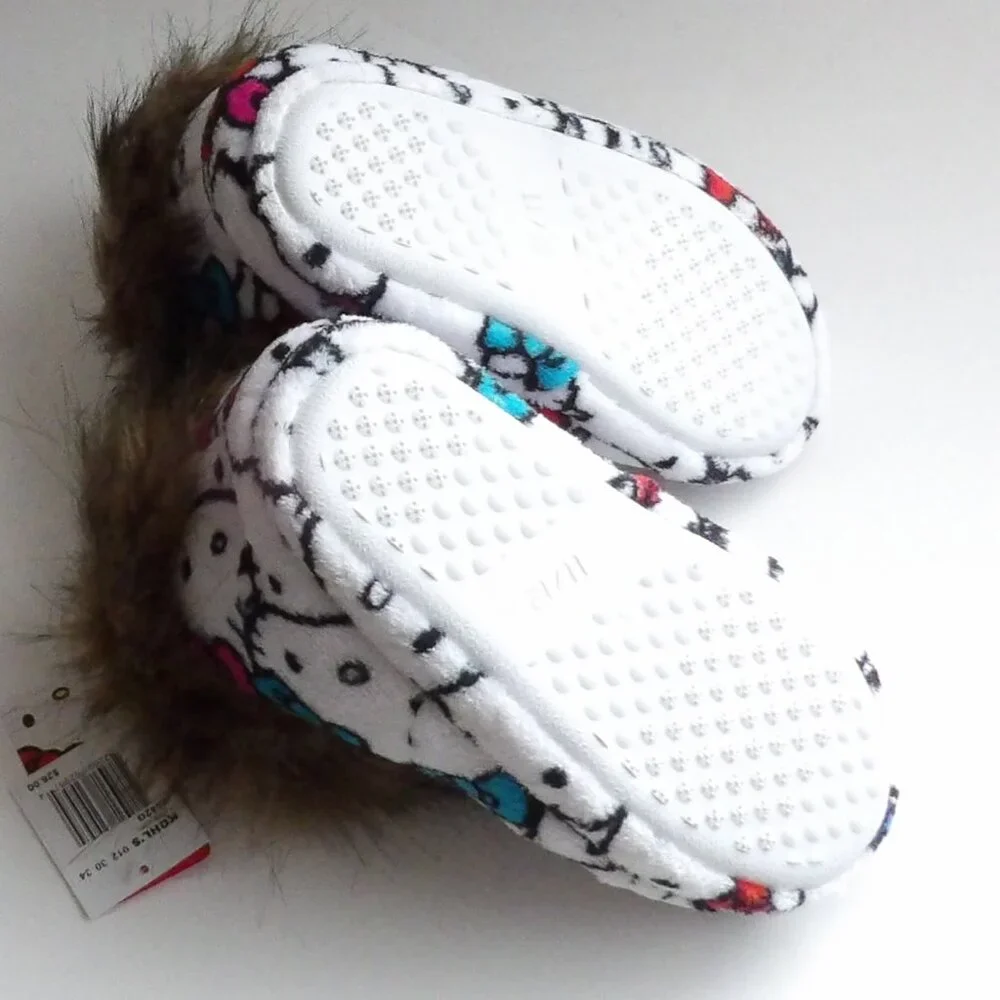HELLO KITTY Girls Bootie Style Slippers White Faux Fur Accent Size 11 - 12 NWT