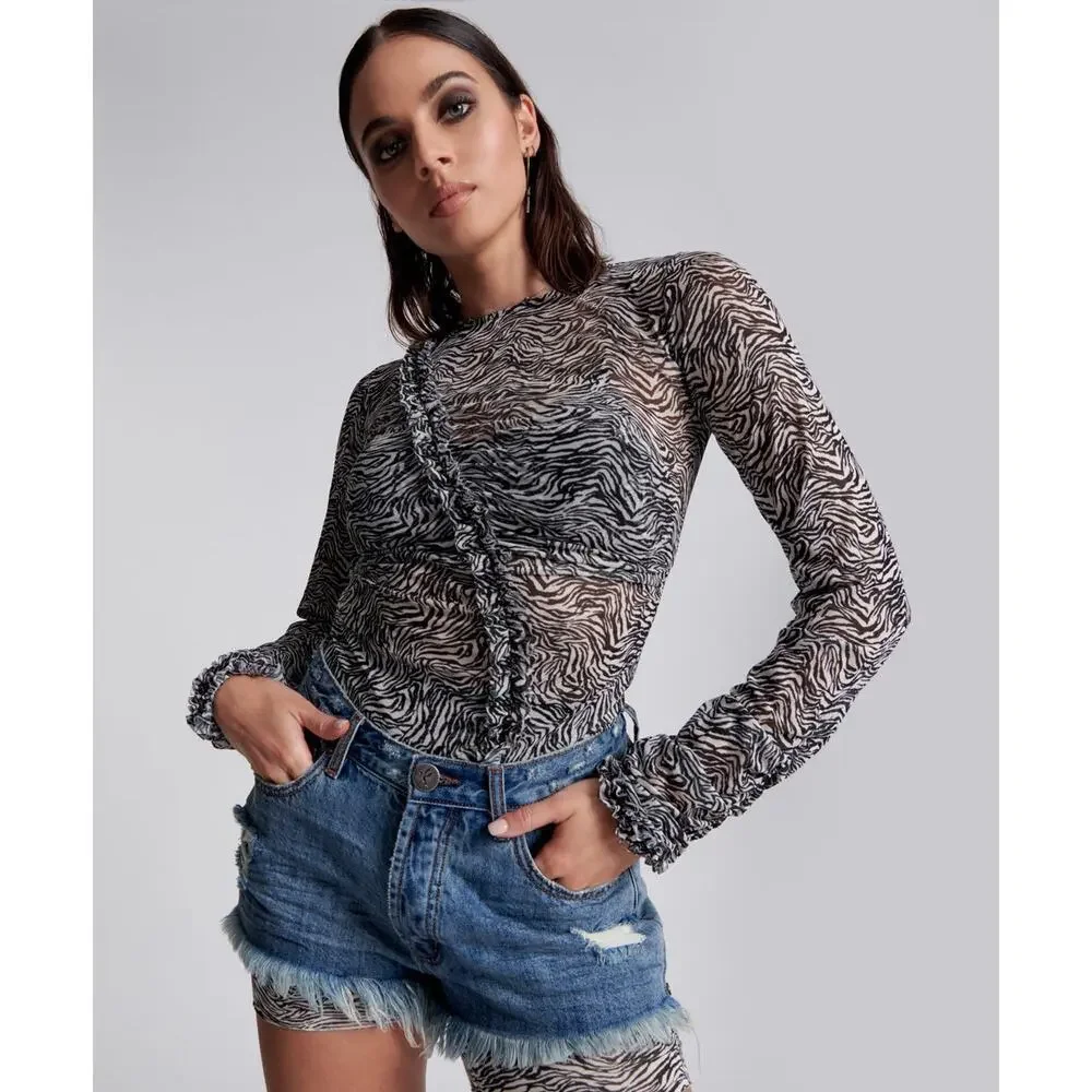 ONE TEASPOON Black White Interfere Ruffle Long Sleeve Party Top NWT Size Small