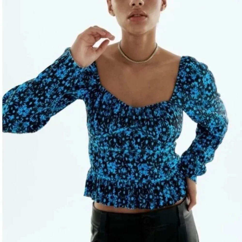 Zara Blue & Black Floral Print Smocked Cropped Long Sleeve Top S