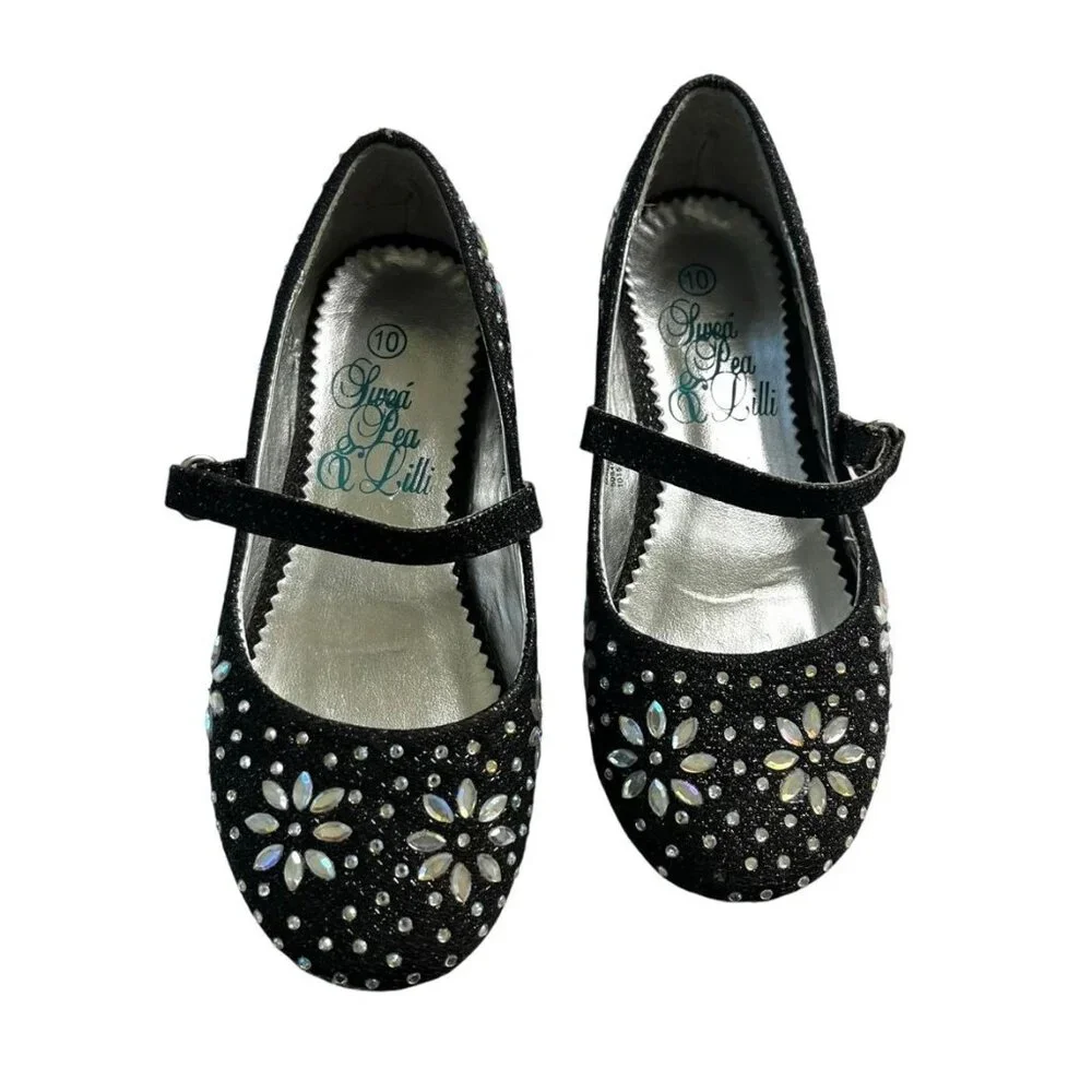 Sweet Pea & Lilli Girls Black Rhinestone Dress Shoes Size 10