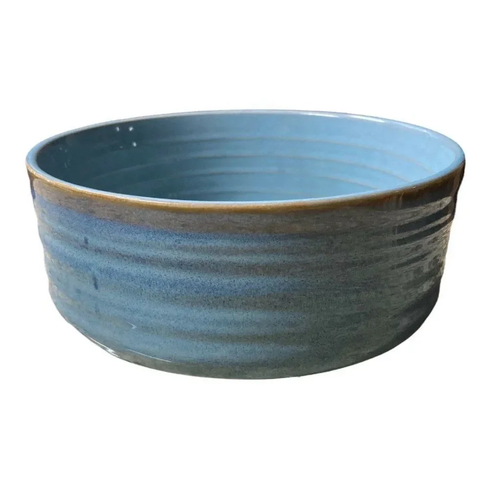 Studio Pottery Blue Brown Edge Stoneware Butter or Cheese Crock 7” Fruit Bowl