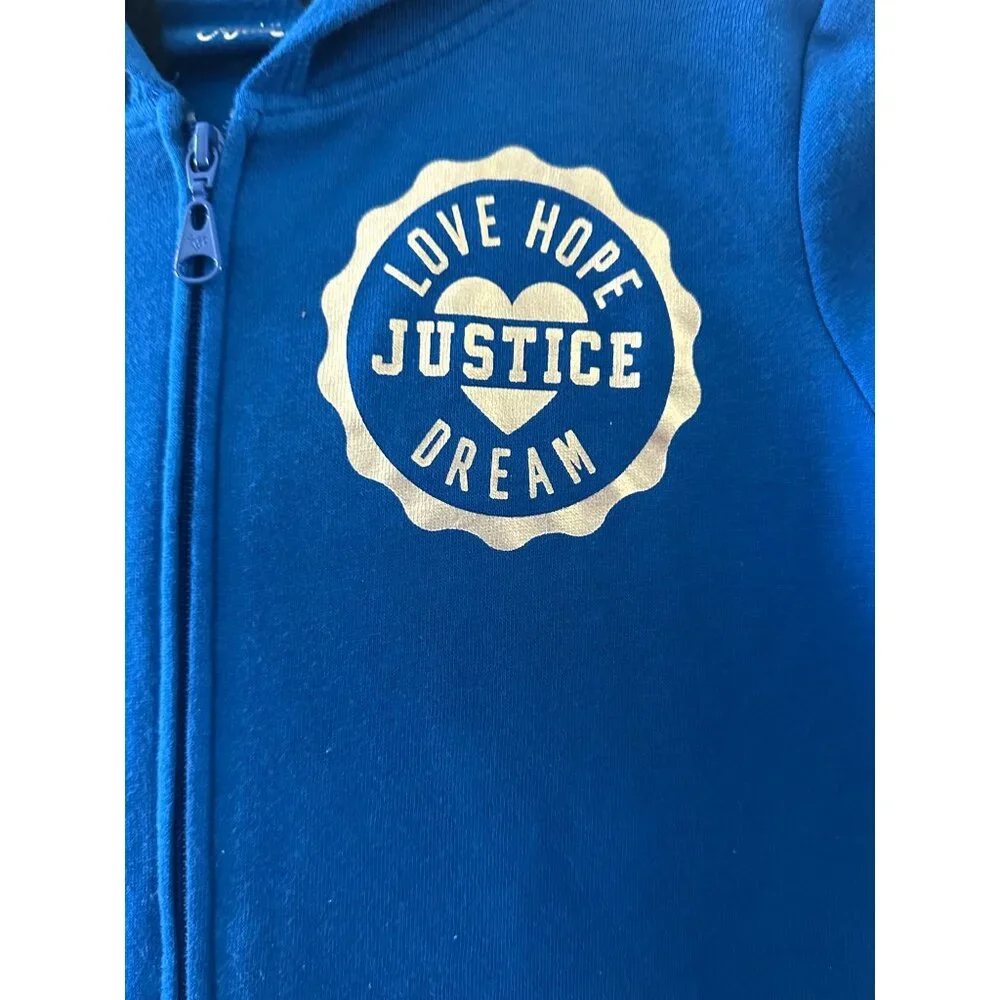 Justice Girls Blue Faux Fur Lined Hoodie With Love Hope Justice Dream Graphic Si