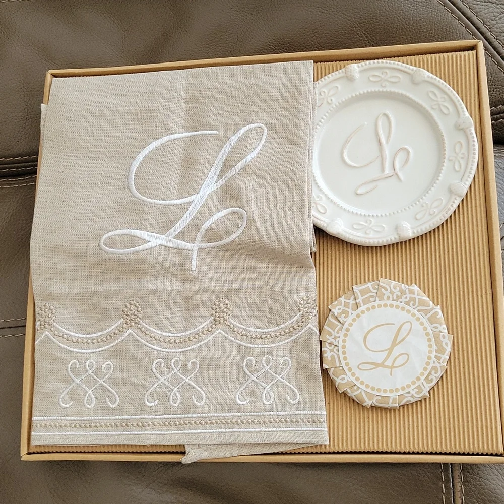 Mudpie 3 piece L monogrammed linen hand towel and soap set