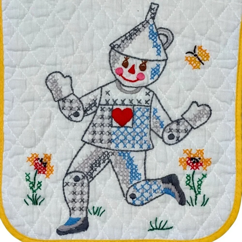 Vintage Handmade Embroidered Baby Bibs Wizard of Oz Scarecrow & Tin Man Primary